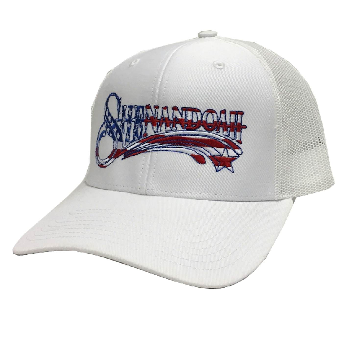 Shenandoah White Ballcap w/ American Flag Font Shenandoah
