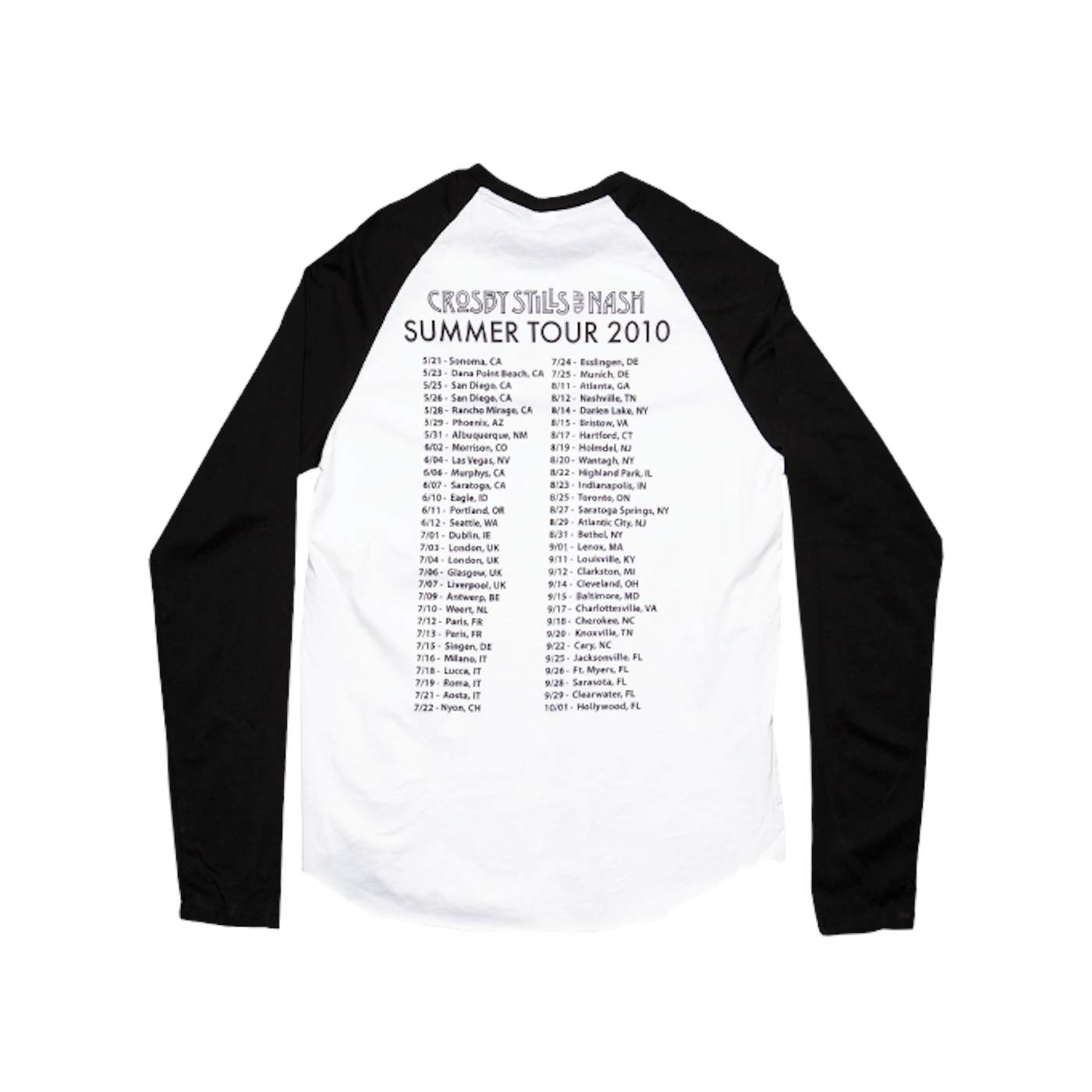 Crosby, Stills & Nash Crosby Sills and Nash "2010 Tour Itinerary" Long Sleeve Baseball Shirt