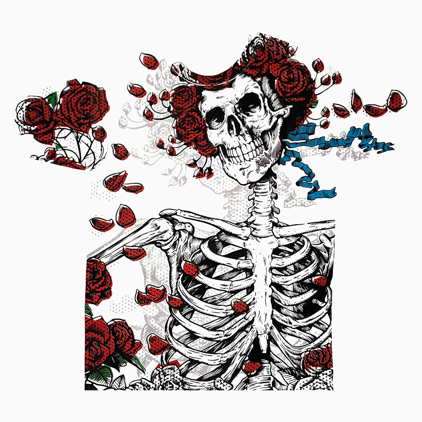 Grateful Dead T-Shirt  Woodcut Skeleton And Roses Grateful Dead Shirt