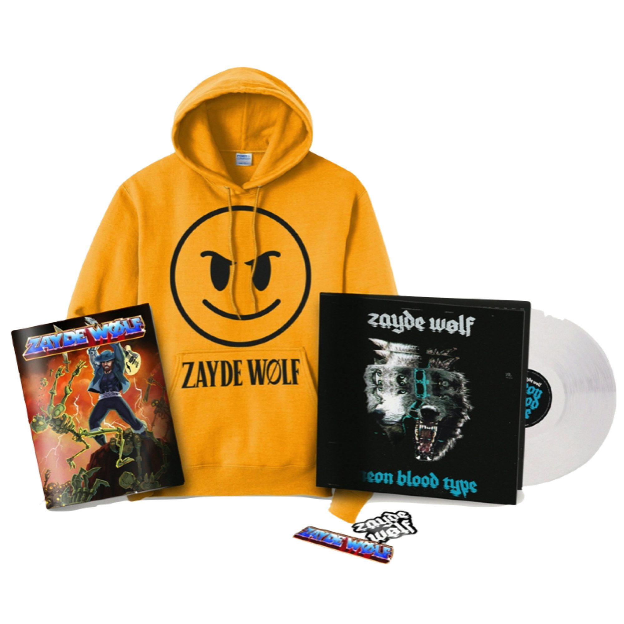 Zayde Wølf BUNDLE 2 Neon Blood Type Vinyl + Rumble Smiley Face Hoodie