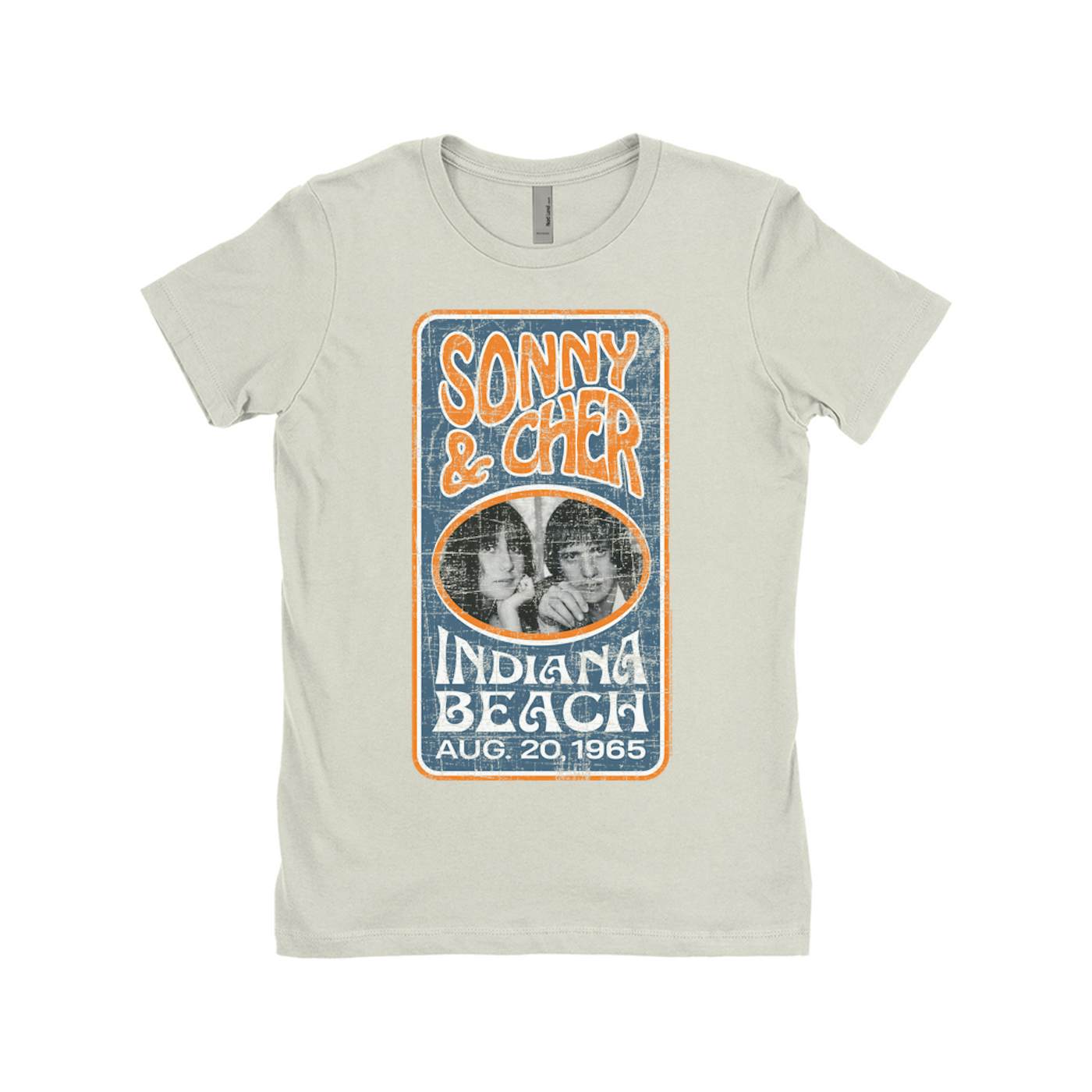 Sonny & Cher Ladies' Boyfriend T-Shirt | Indiana Beach Vertical Concert Banner Distressed Sonny and Cher Shirt