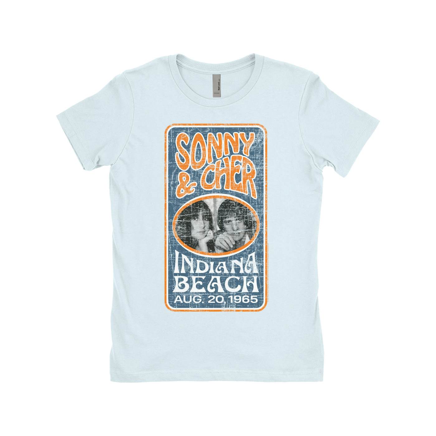 Sonny & Cher Ladies' Boyfriend T-Shirt | Indiana Beach Vertical Concert Banner Distressed Sonny and Cher Shirt