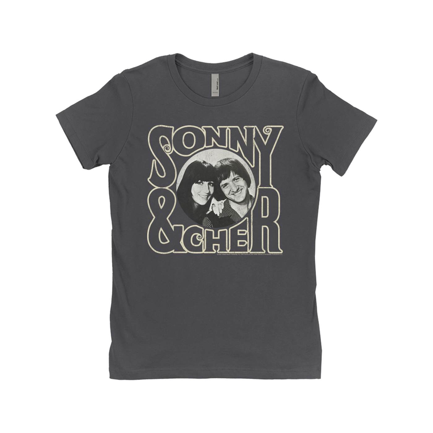 Sonny & Cher Ladies' Boyfriend T-Shirt | Retro Logo And Photo Distressed Sonny and Cher Shirt