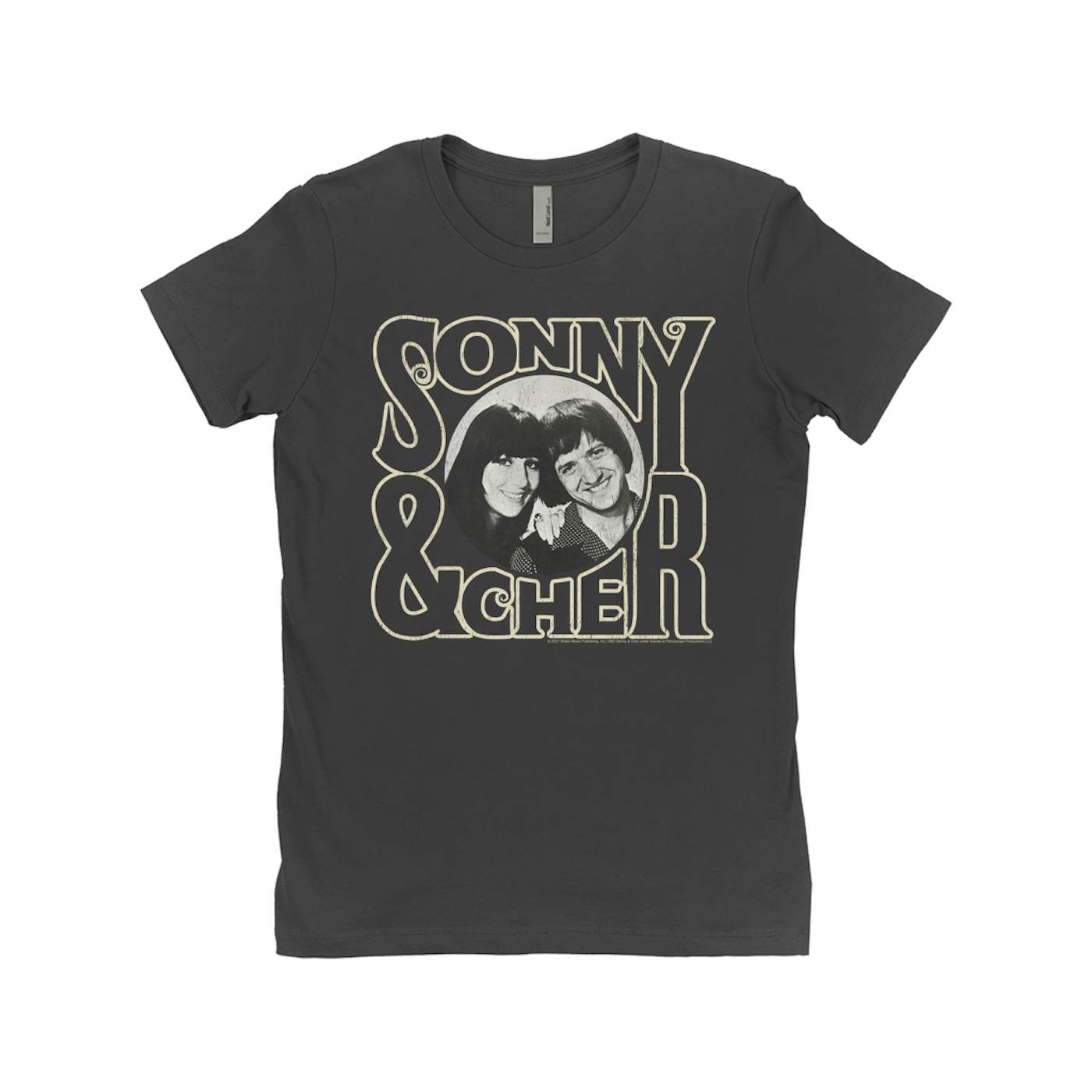 Sonny & Cher Ladies' Boyfriend T-Shirt | Retro Logo And Photo Distressed Sonny and Cher Shirt