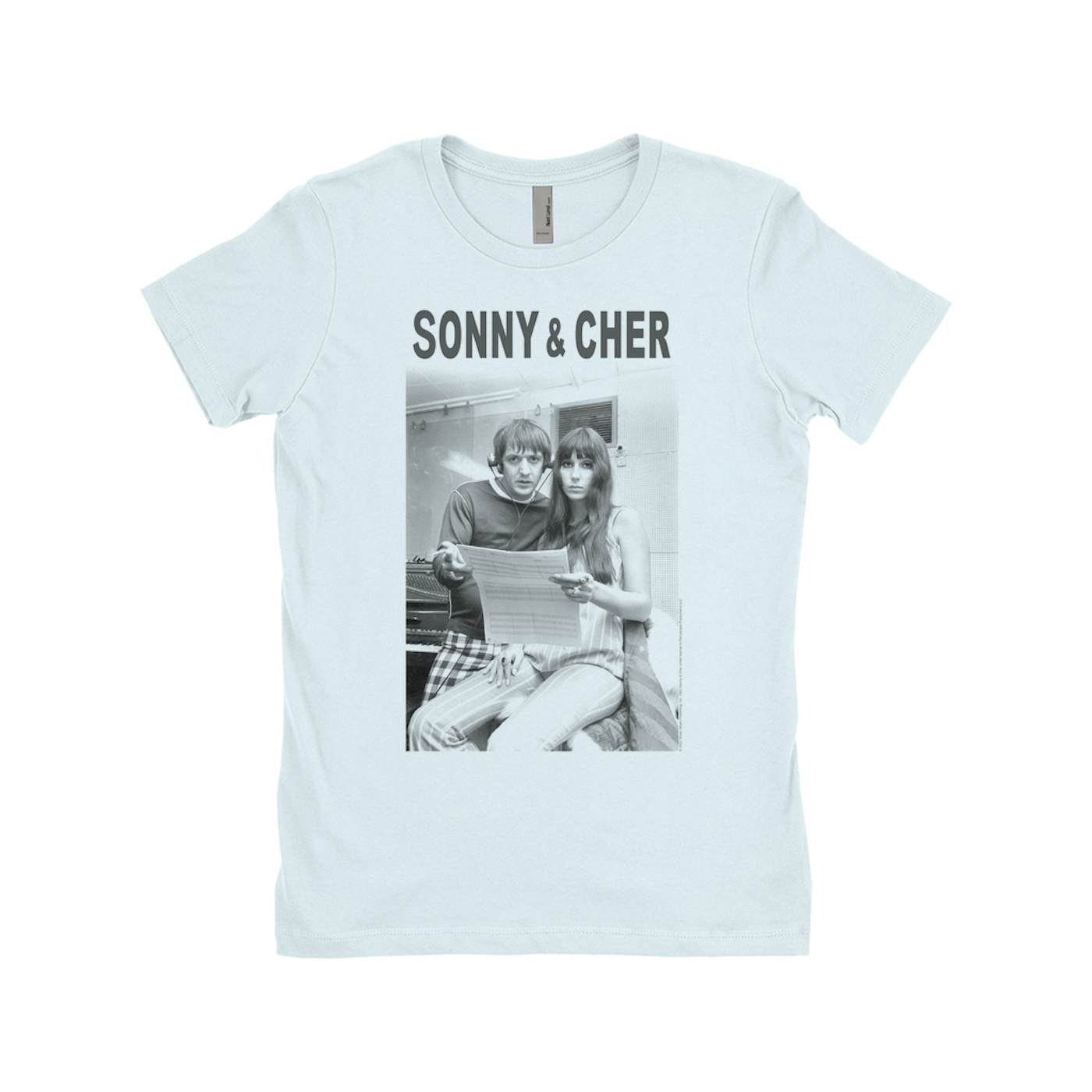 Sonny & Cher Ladies' Boyfriend T-Shirt | 1966 Recording Studio Photo And Logo Sonny and Cher Shirt