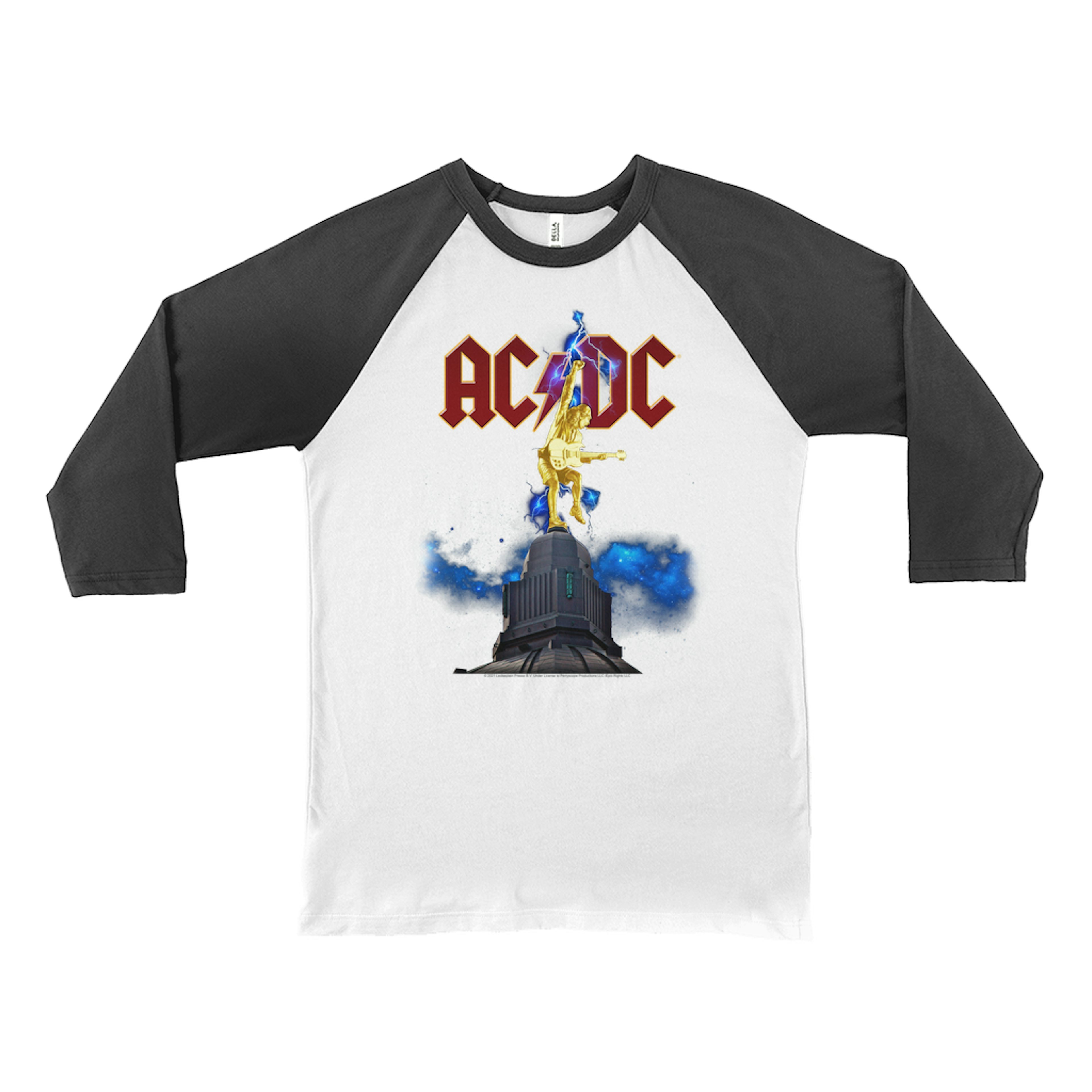 AC/DC 3/4 Sleeve Baseball Tee | Angus Young Thunder Statue Design Shirt