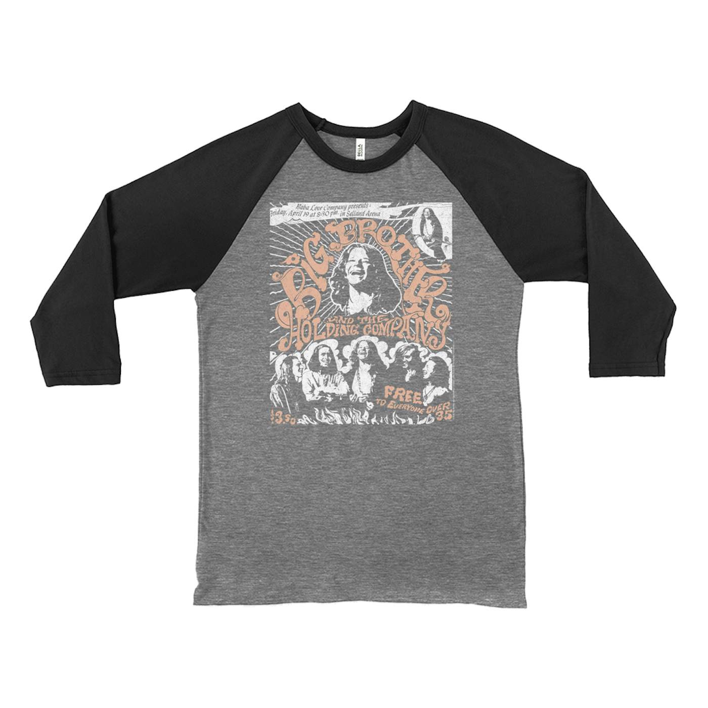 Big Brother & The Holding Company Big Brother and The Holding Co. 3/4 Sleeve Baseball Tee | Featuring Janis Joplin Fresno Concert Flyer Big Brother and The Holding Co. Shirt