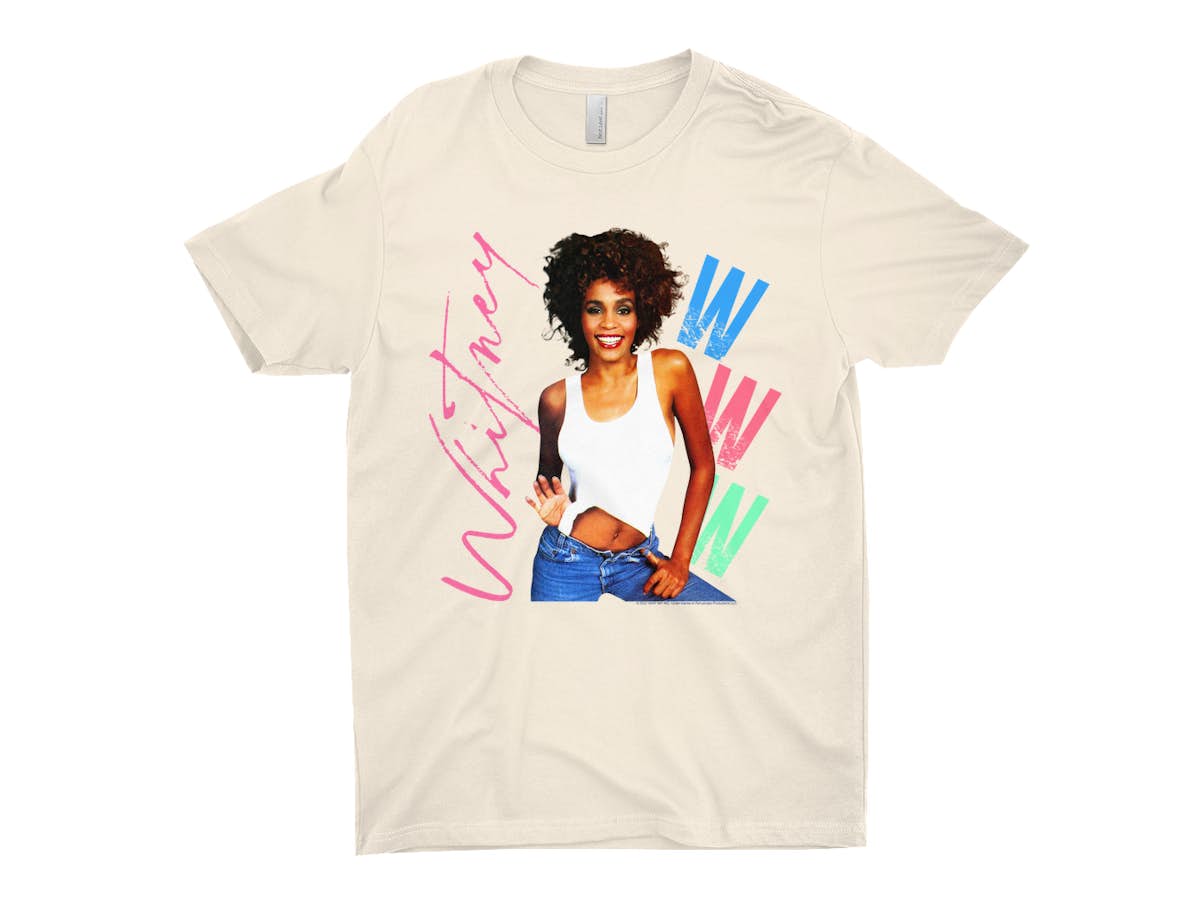 Mens Whitney Houston 90s Photo Screen Print White Graphic Tee Shirt-Medium