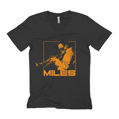 Miles Davis Unisex V-neck T-Shirt | Miles Playing Trumpet Orange Design Miles Davis Shirt