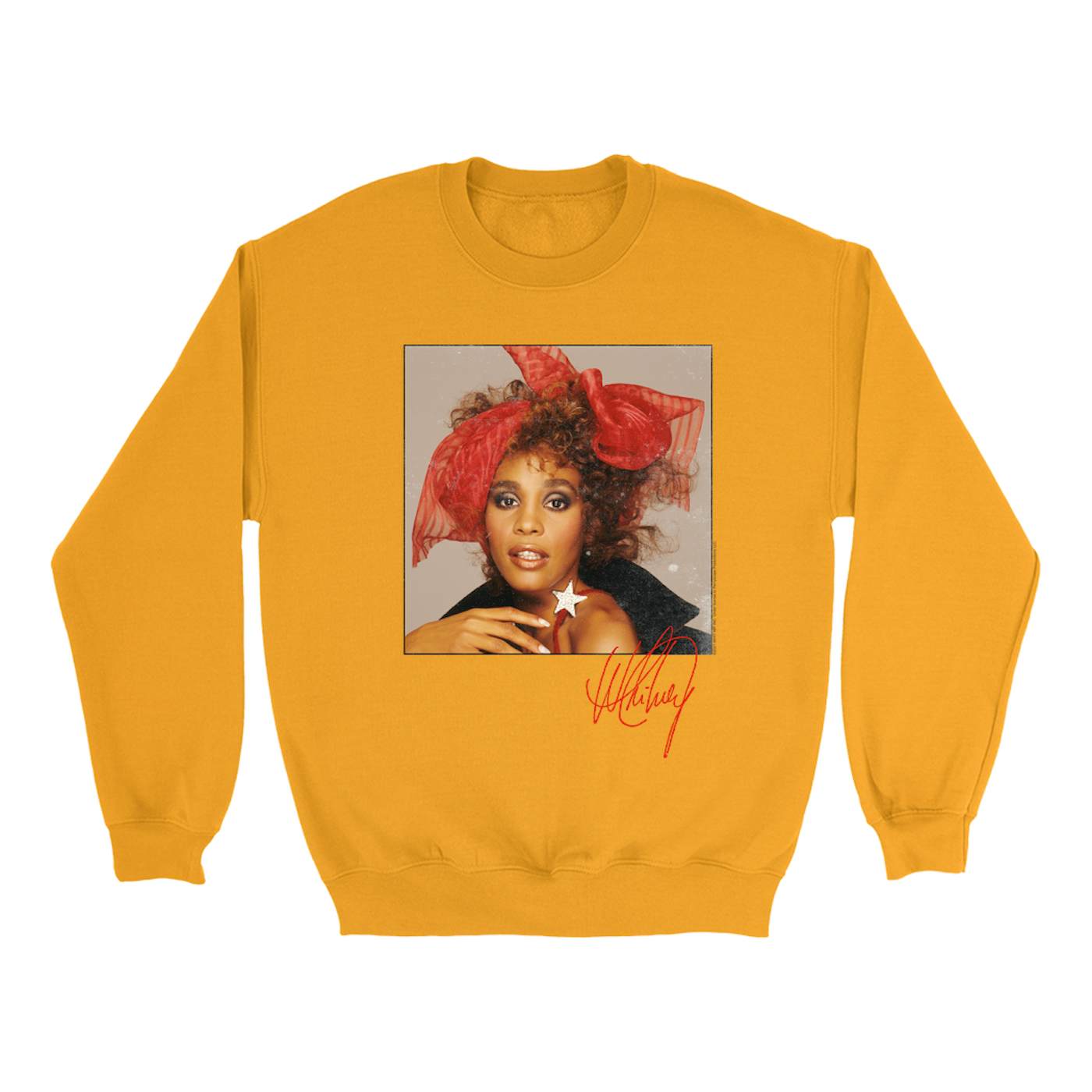 Whitney Houston Bright Colored Sweatshirt | Whitney Red Star Photo With Signature Distressed Whitney Houston Sweatshirt