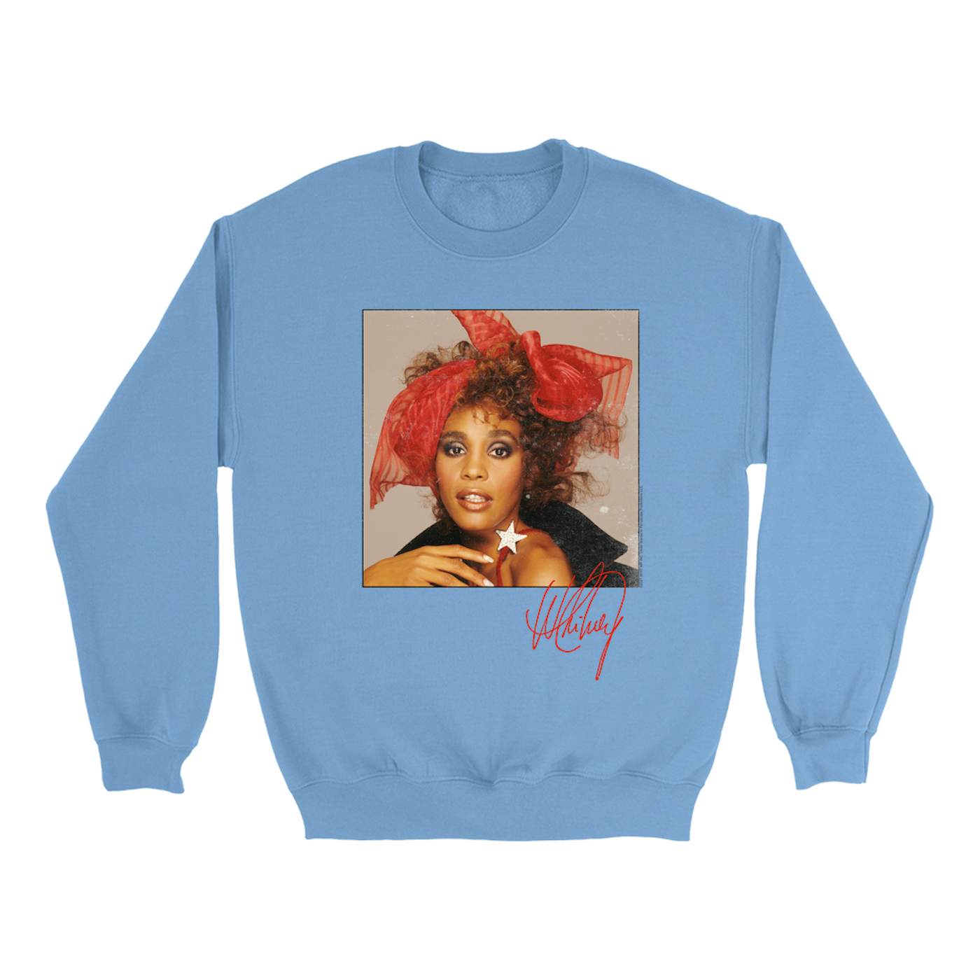 Whitney Houston Bright Colored Sweatshirt | Whitney Red Star Photo With Signature Distressed Whitney Houston Sweatshirt