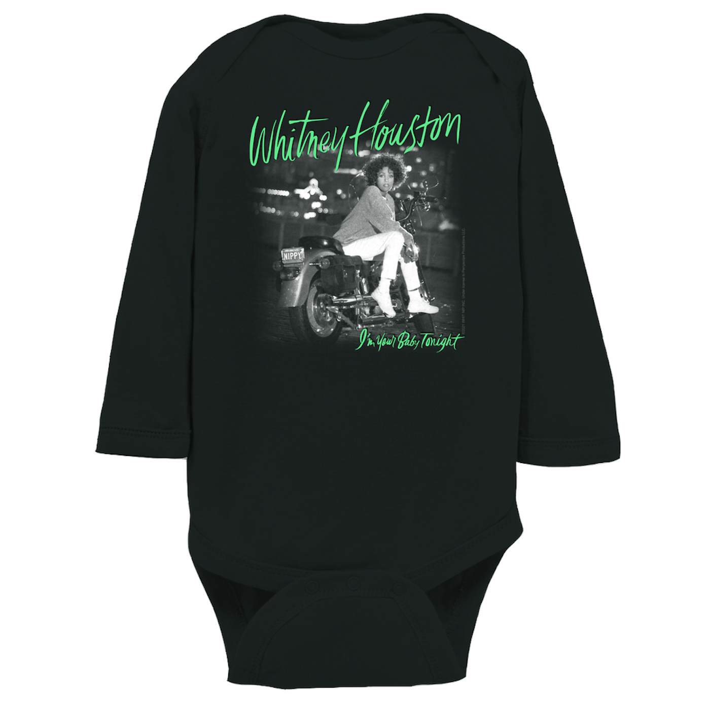 Whitney Houston Long Sleeve Bodysuit | I'm Your Baby Tonight Album Cover Green Design Whitney Houston Bodysuit