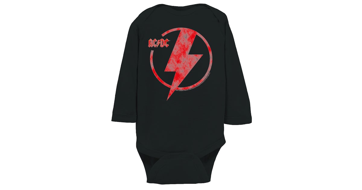 AC/DC Long Sleeve Onesie | Logo Lightning Bolt Red Distressed Onesie