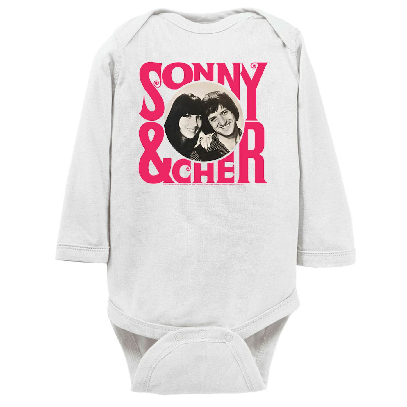 Sonny & Cher Long Sleeve Bodysuit | Retro Pink Logo And Photo Sonny and Cher Bodysuit