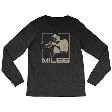 Miles Davis Heather Long Sleeve Shirt | Miles Playing Trumpet Distressed Design Miles Davis Shirt (Merchbar Exclusive)