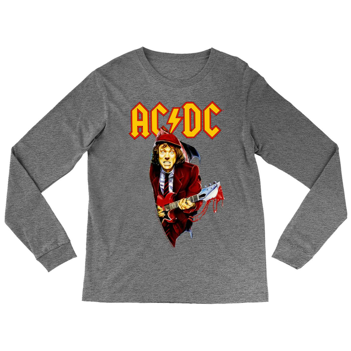 AC/DC Heather Long Sleeve Shirt | Angus Young With Bloody Guitar Design ACDC Shirt