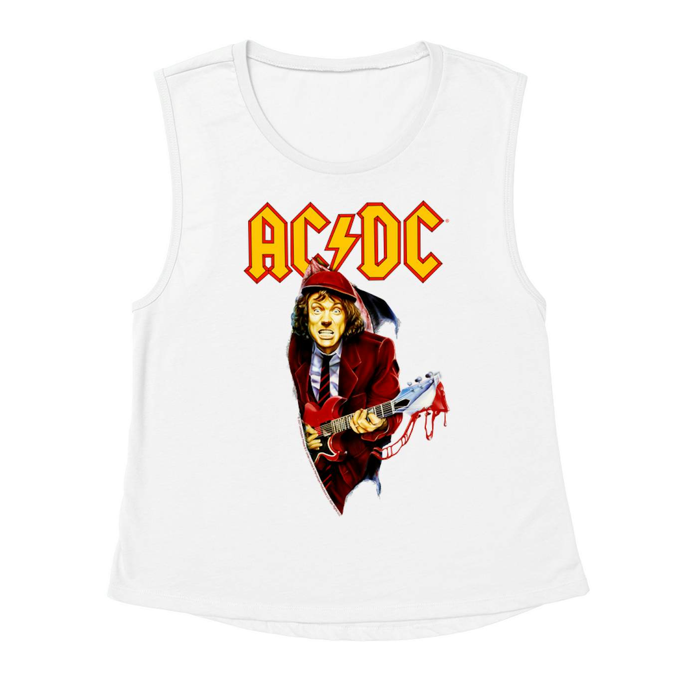 AC/DC Ladies' Muscle Tank Top | Angus Young With Bloody Guitar Design ACDC Shirt