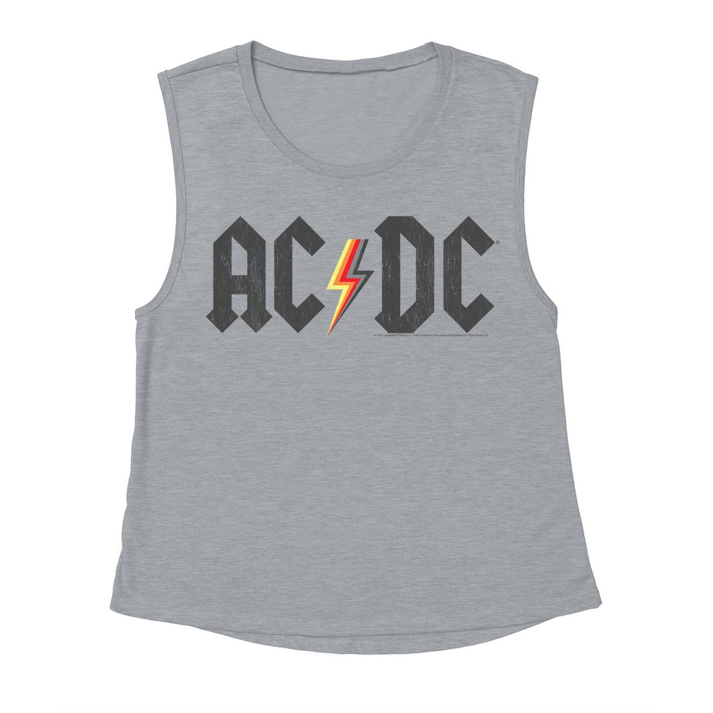 AC/DC Ladies' Muscle Tank Top | Multi-Colored Logo Design Distressed ...