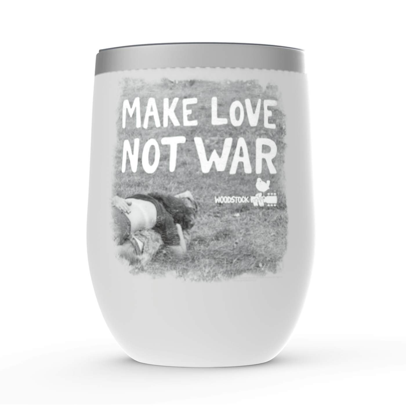 Woodstock Wine Tumbler | Make Love Not War Famous Image Distressed Woodstock Stemless Wine Tumbler