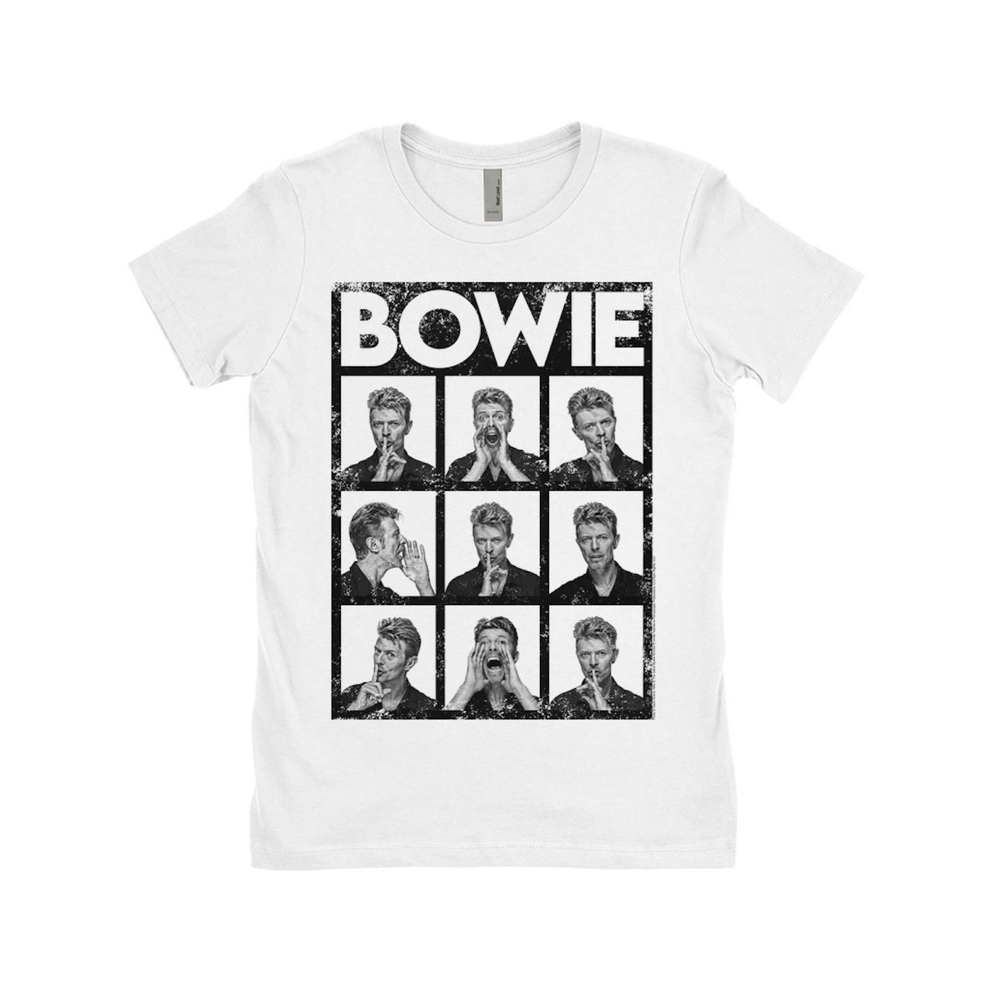 David Bowie Ladies' Boyfriend T-Shirt | Black And White Photo Shoot Collage Design Distressed (Merchbar Exclusive) David Bowie Shirt