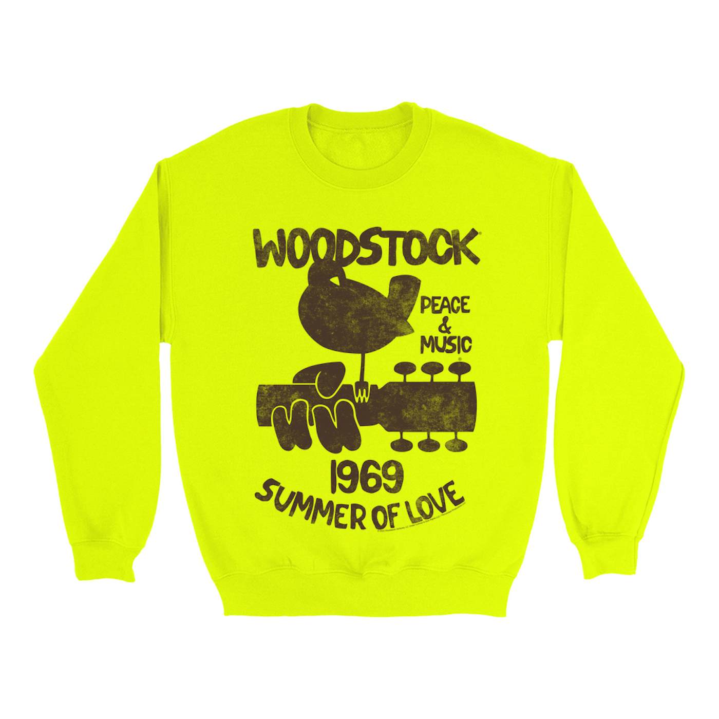 Woodstock Bright Colored Sweatshirt | Peace And Music 1969 Logo Image Distressed Woodstock Sweatshirt