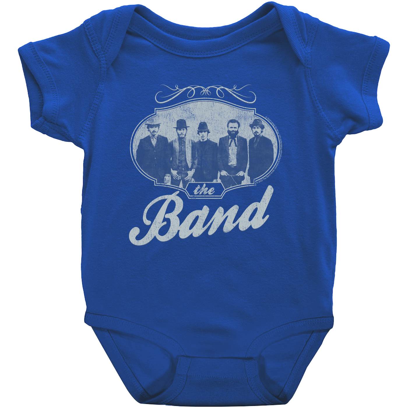 The Band Baby Short Sleeve Bodysuit | Filigree Framed Band Photo Design Distressed The Band Bodysuit