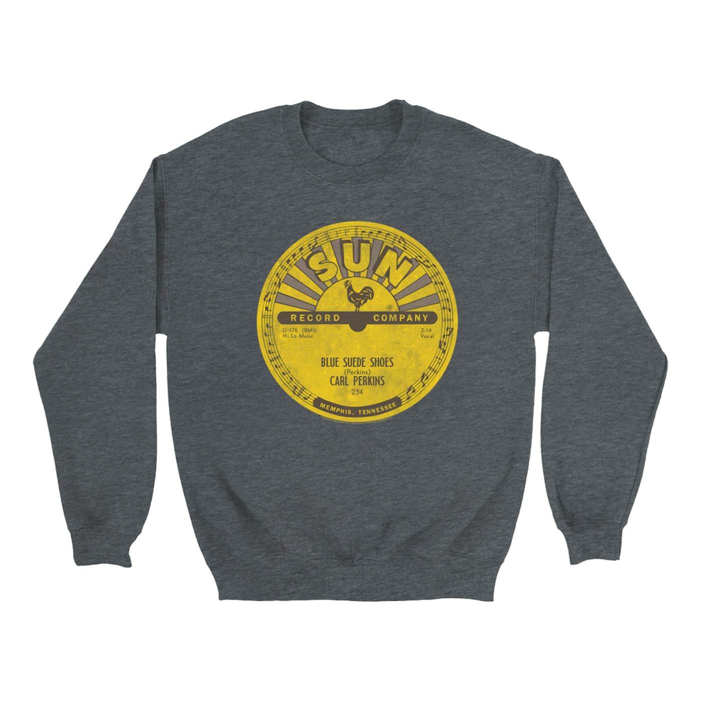 Carl Perkins Sweatshirt | Blue Suede Shoes Record Label Distressed Carl Perkins Sweatshirt