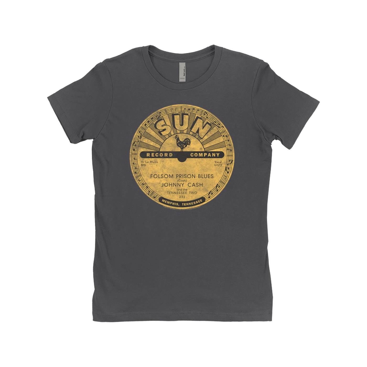 Johnny Cash Ladies' Boyfriend T-Shirt | Folsom Prison Blues Record Label Distressed Johnny Cash Shirt
