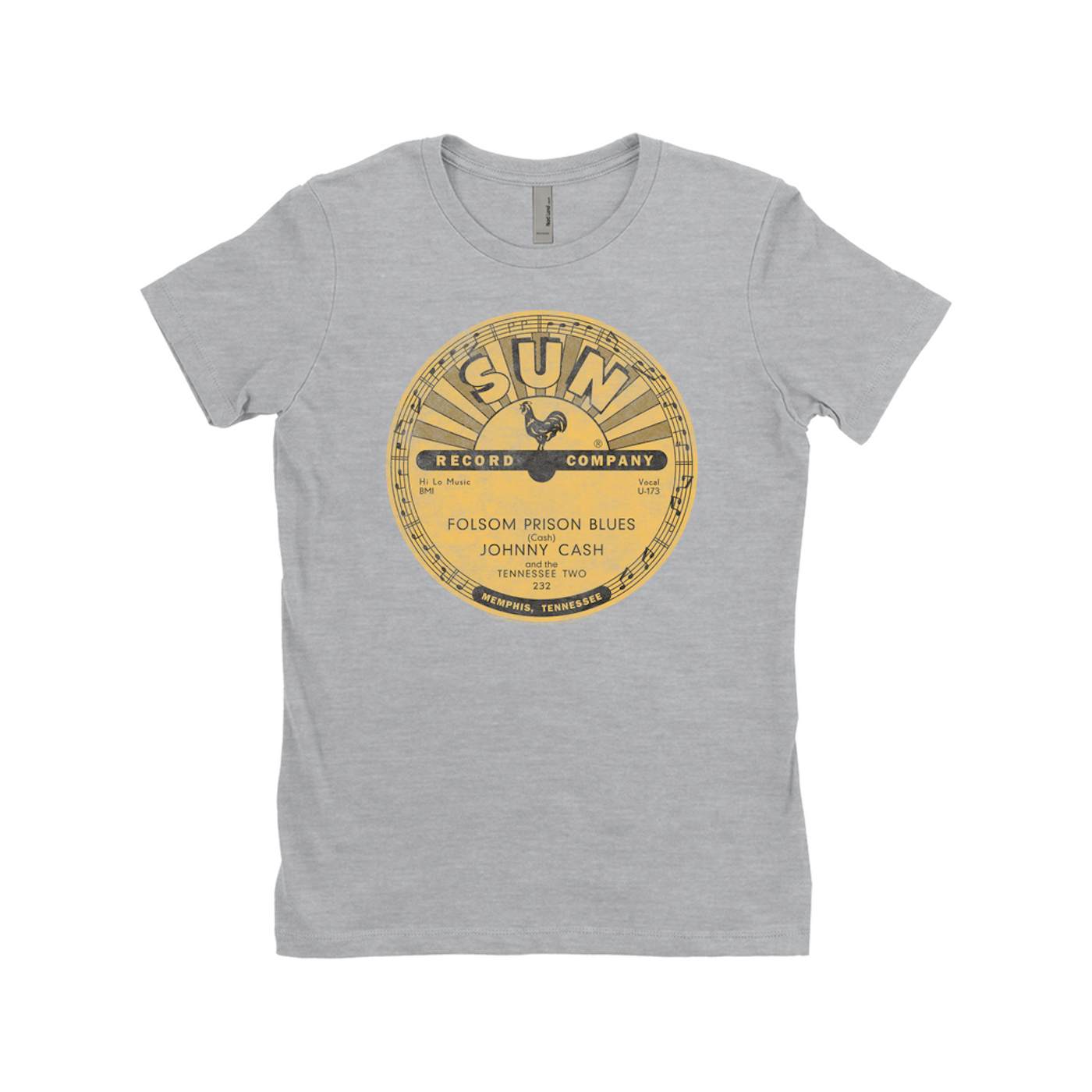 Johnny Cash Ladies' Boyfriend T-Shirt | Folsom Prison Blues Record Label Distressed Johnny Cash Shirt