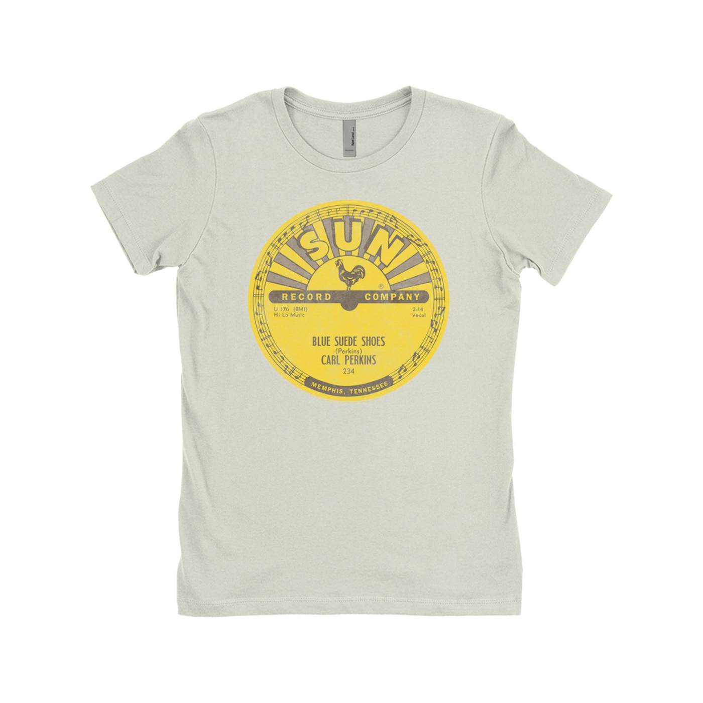 Carl Perkins Ladies' Boyfriend T-Shirt | Blue Suede Shoes Record Label Distressed Carl Perkins Shirt