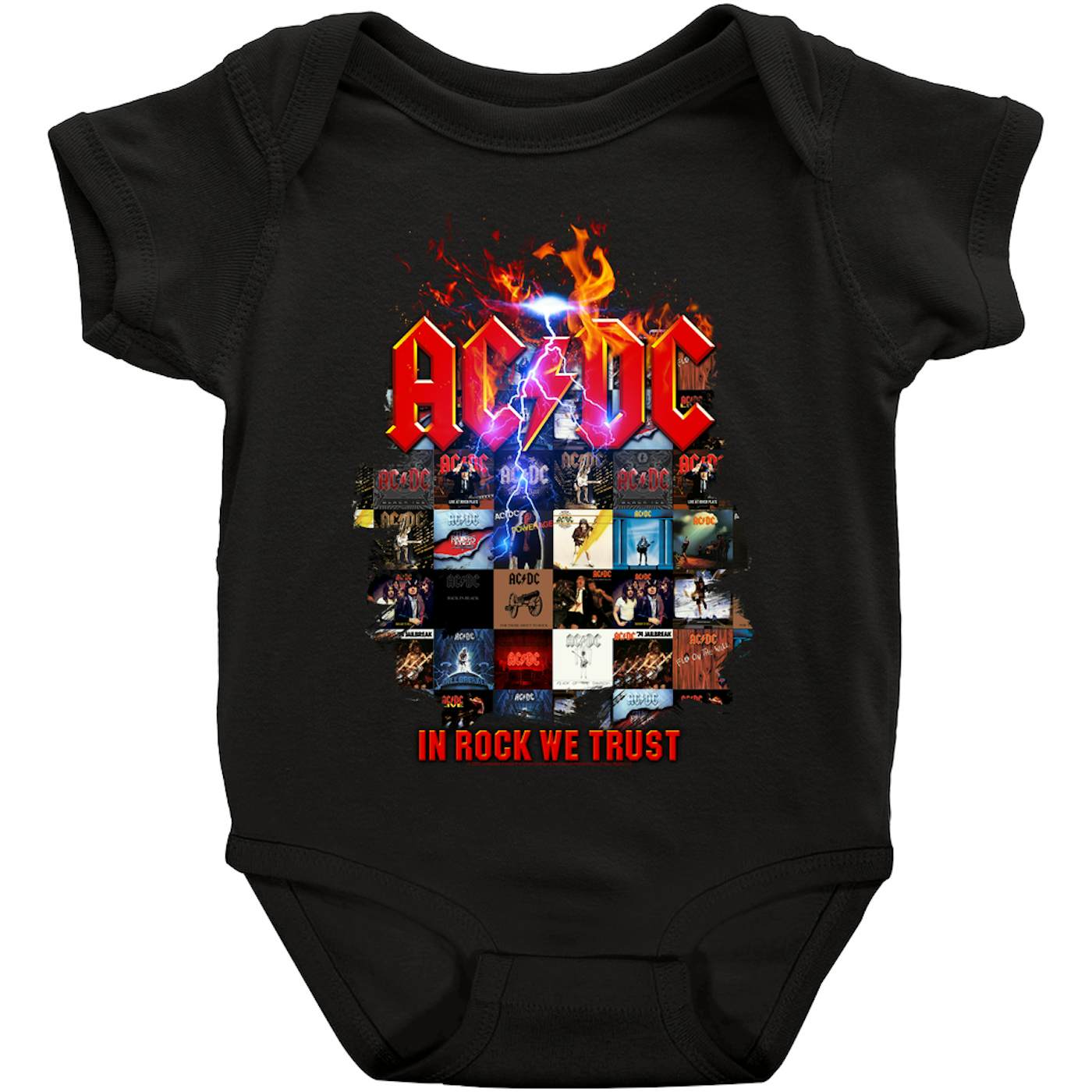 AC/DC Baby Short Sleeve Bodysuit | In Rock We Trust Album Collage ACDC Bodysuit