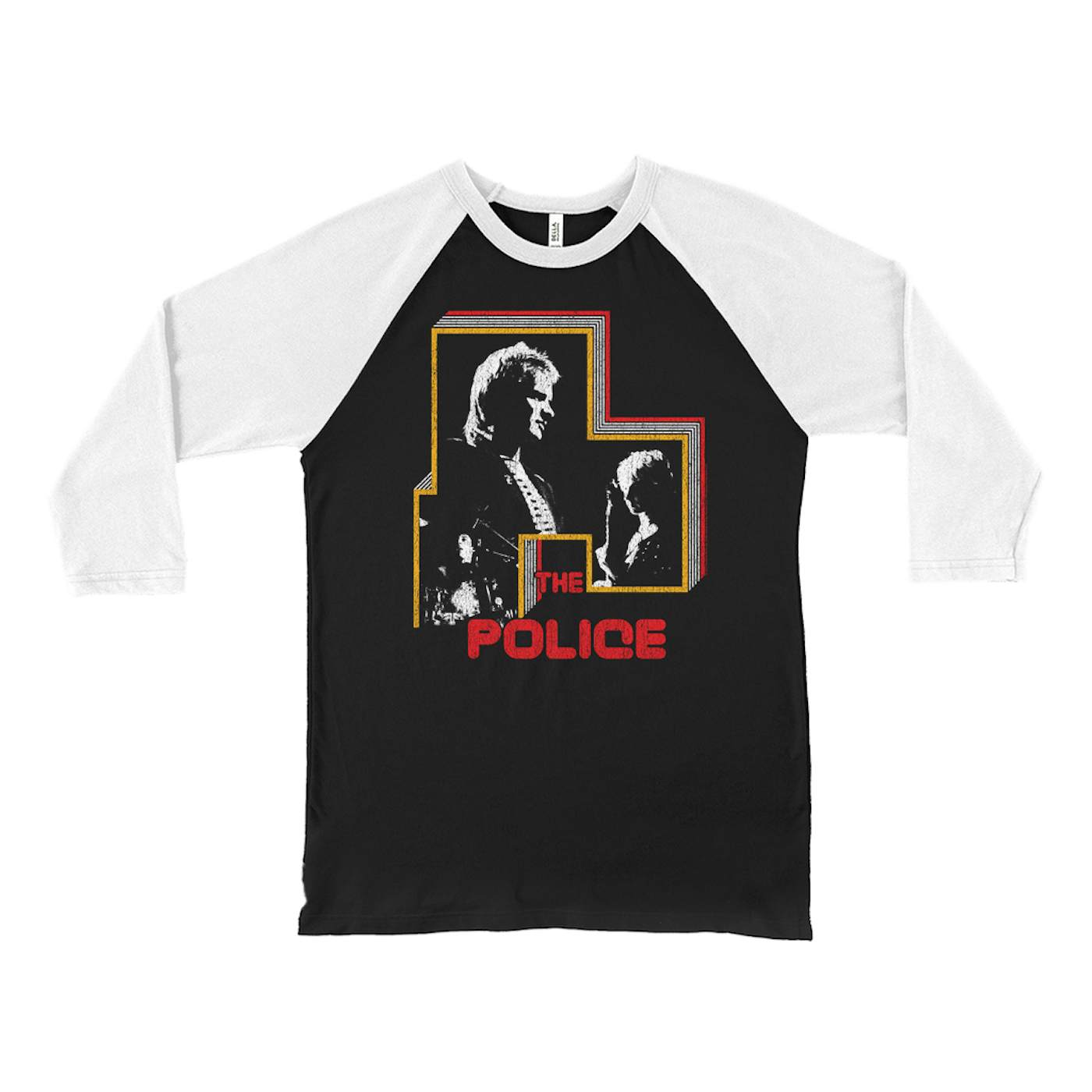 The Police 3/4 Sleeve Baseball Tee | Retro Bordered Shadow Live In Concert Distressed (Merchbar Exclusive) The Police Shirt