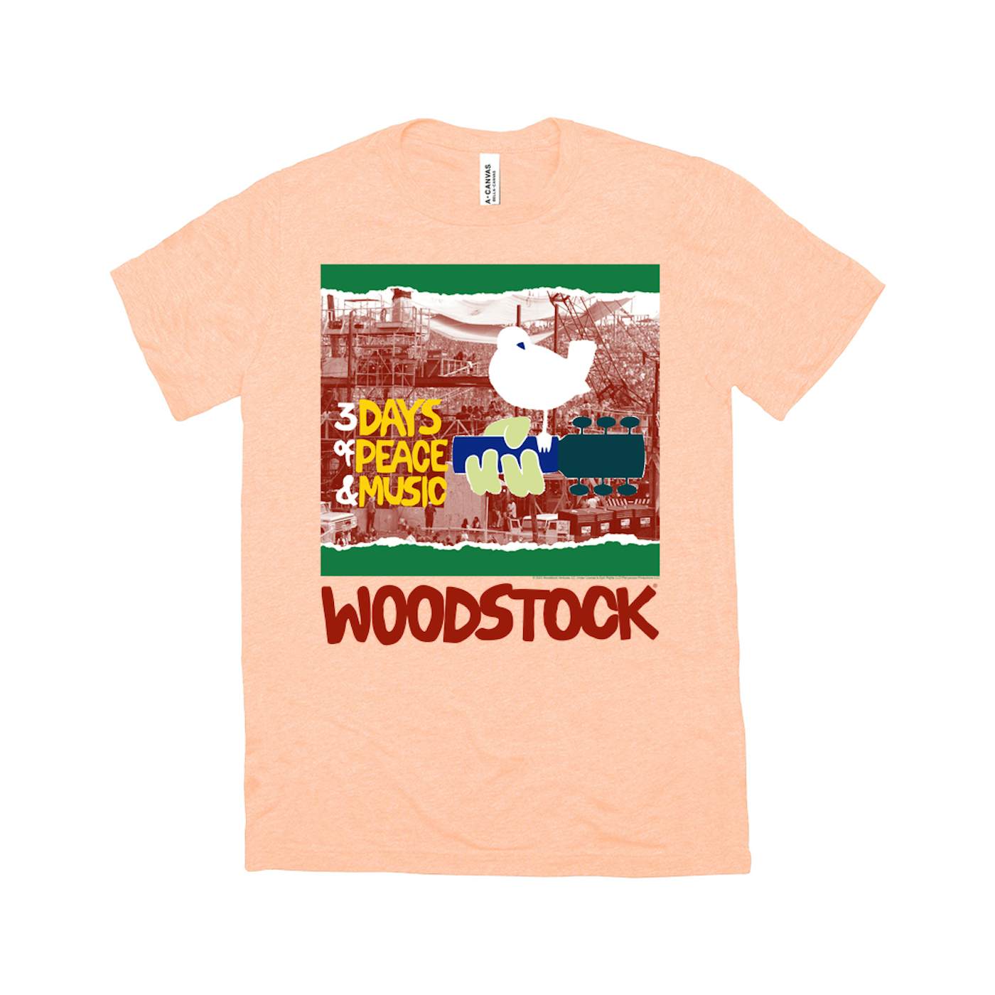 Woodstock T-Shirt | Red, Green 3 Days of Peace Structure Design (Merchbar Exclusive) Woodstock Color Blast Shirt