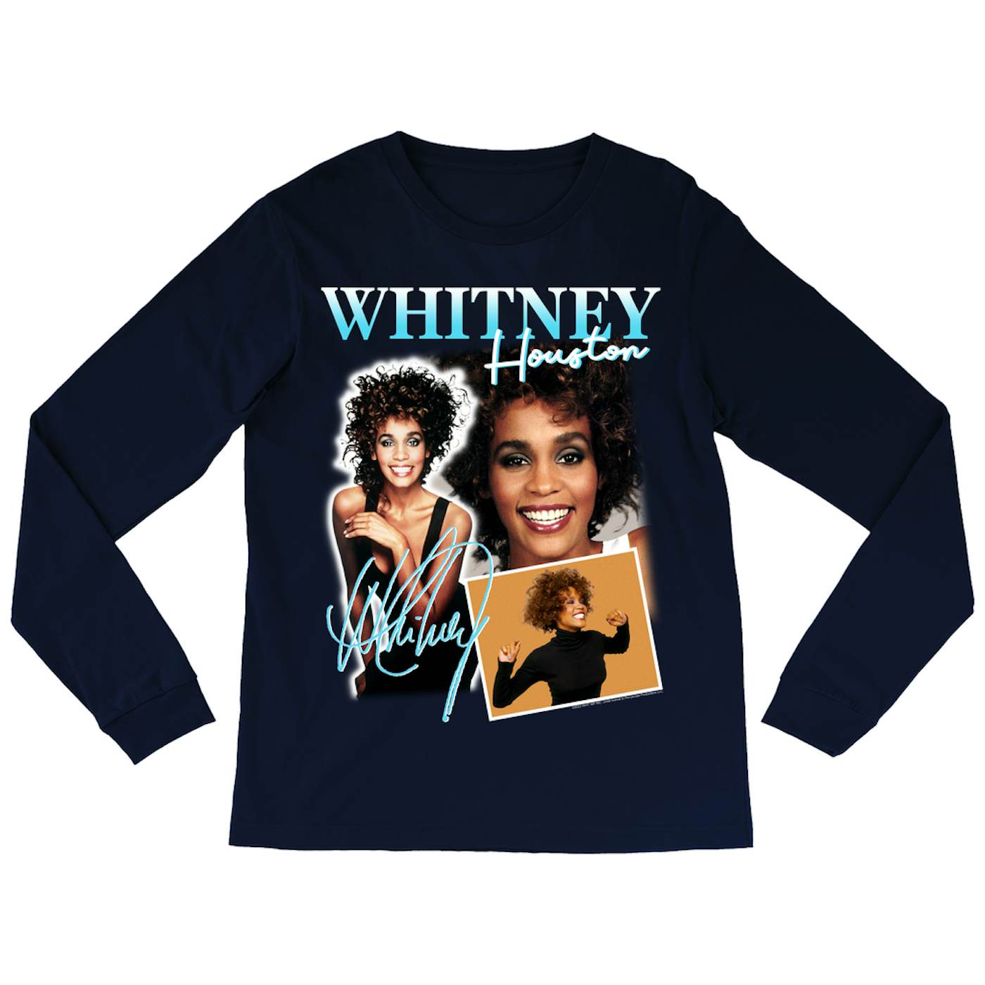 Whitney Houston Long Sleeve Shirt | 1987 Turquoise Photo Collage Design Whitney Houston Shirt