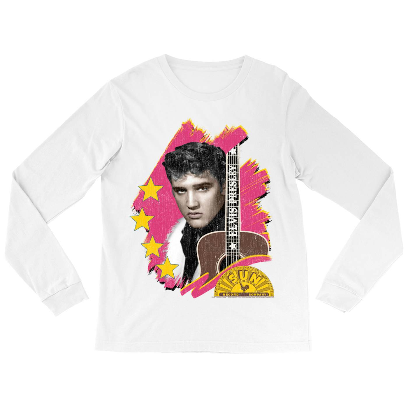 Elvis Presley Sun Records Long Sleeve Shirt | Guitar With Pink Brush Strokes Distressed (Merchbar Exclusive) Sun Records Shirt
