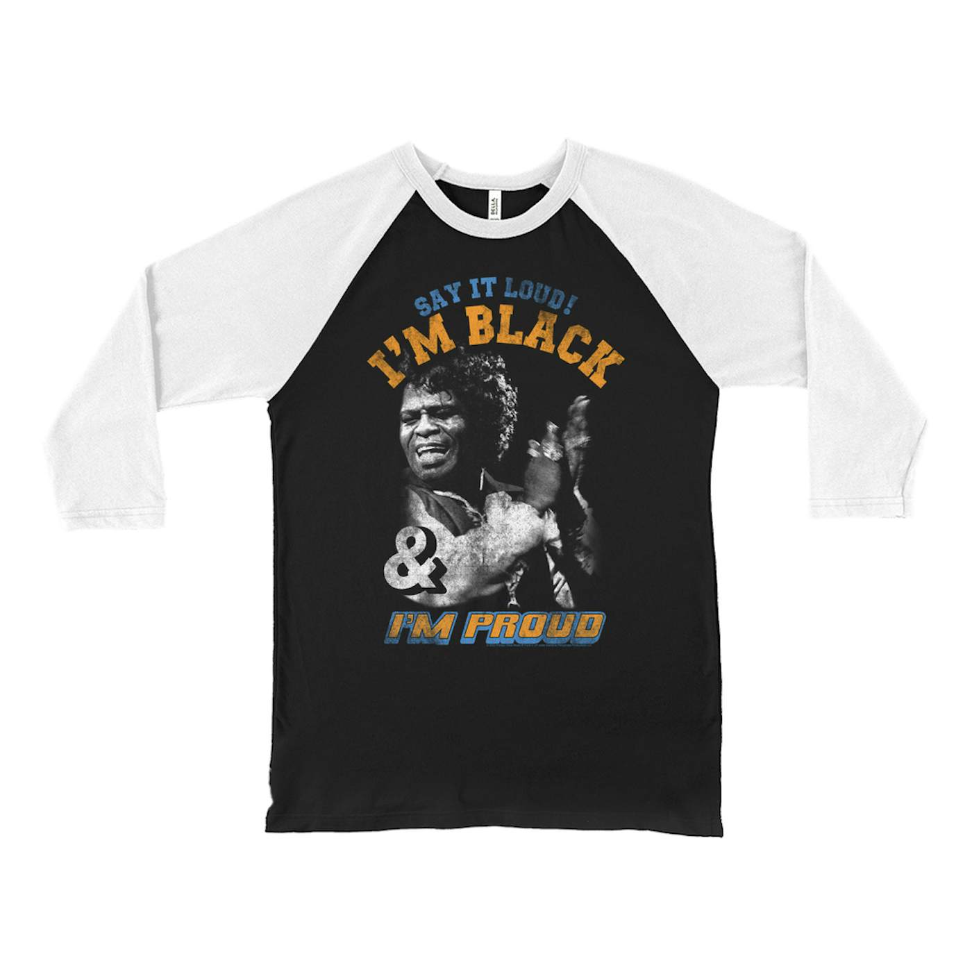 James Brown 3/4 Sleeve Baseball Tee | Say It Loud! Black And Proud Distressed James Brown Shirt