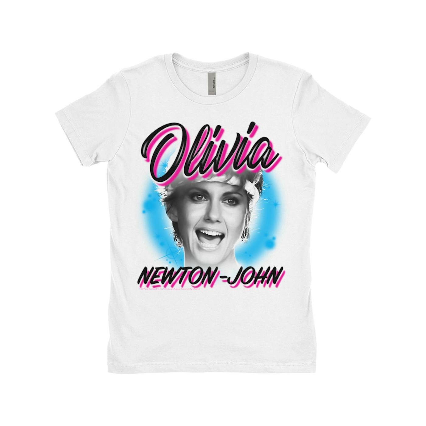 Olivia Newton-John Ladies' Boyfriend T-Shirt | 80's Airbrush Logo Olivia Newton John Shirt