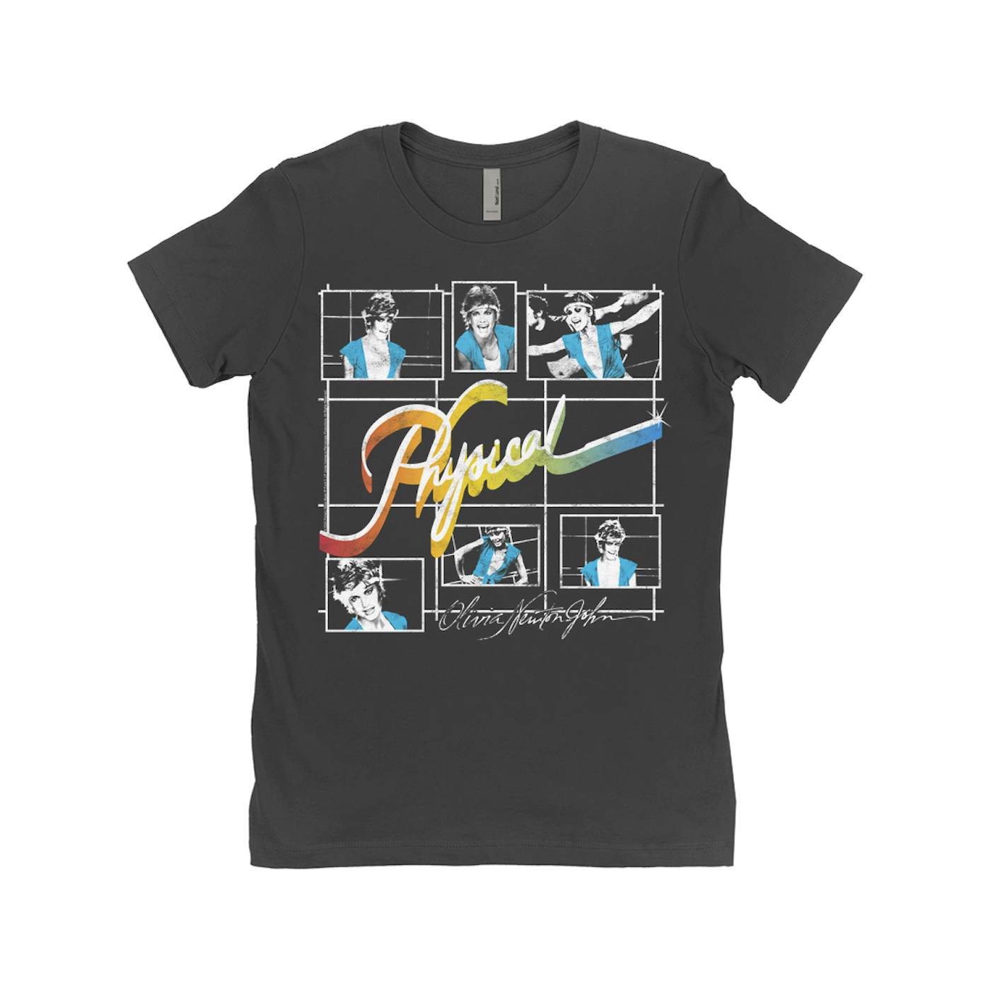 Olivia Newton-John Ladies' Boyfriend T-Shirt | Colorful Ombre Physical Collage Distressed (Merchbar Exclusive) Olivia Newton John Shirt