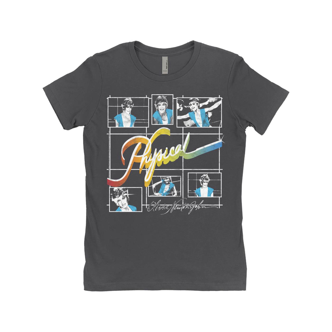 Olivia Newton-John Ladies' Boyfriend T-Shirt | Colorful Ombre Physical Collage Distressed (Merchbar Exclusive) Olivia Newton John Shirt