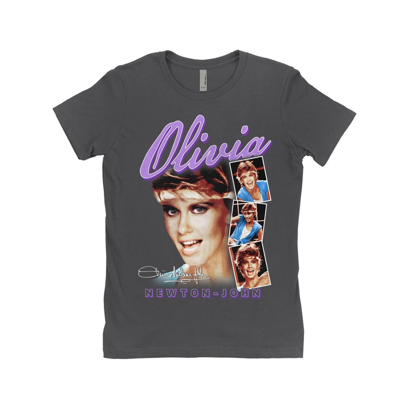 Olivia Newton-John Ladies' Boyfriend T-Shirt | Physical Collage Design Purple (Merchbar Exclusive) Olivia Newton John Shirt