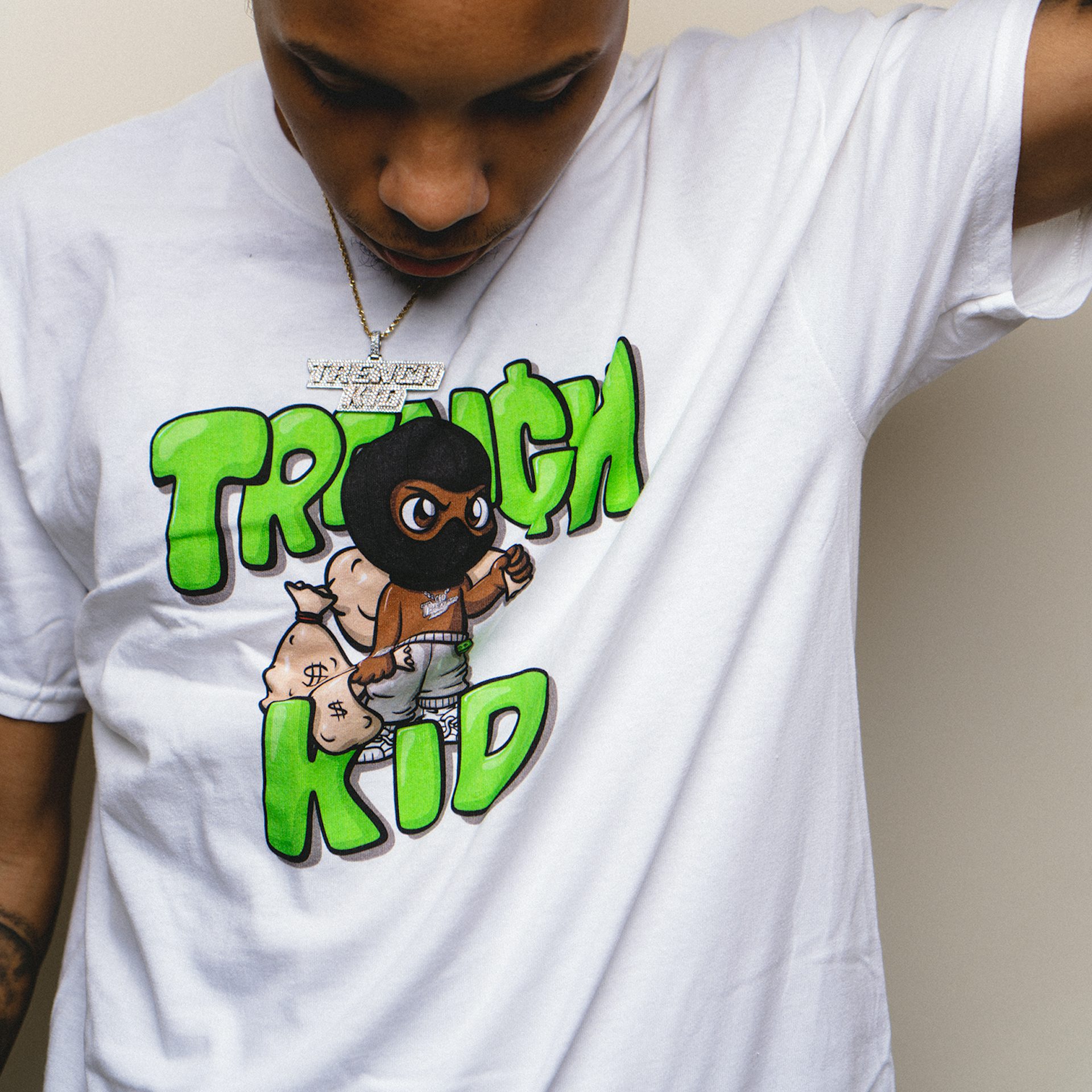 Lil Tjay Trench Kid Black Mask Tee - White