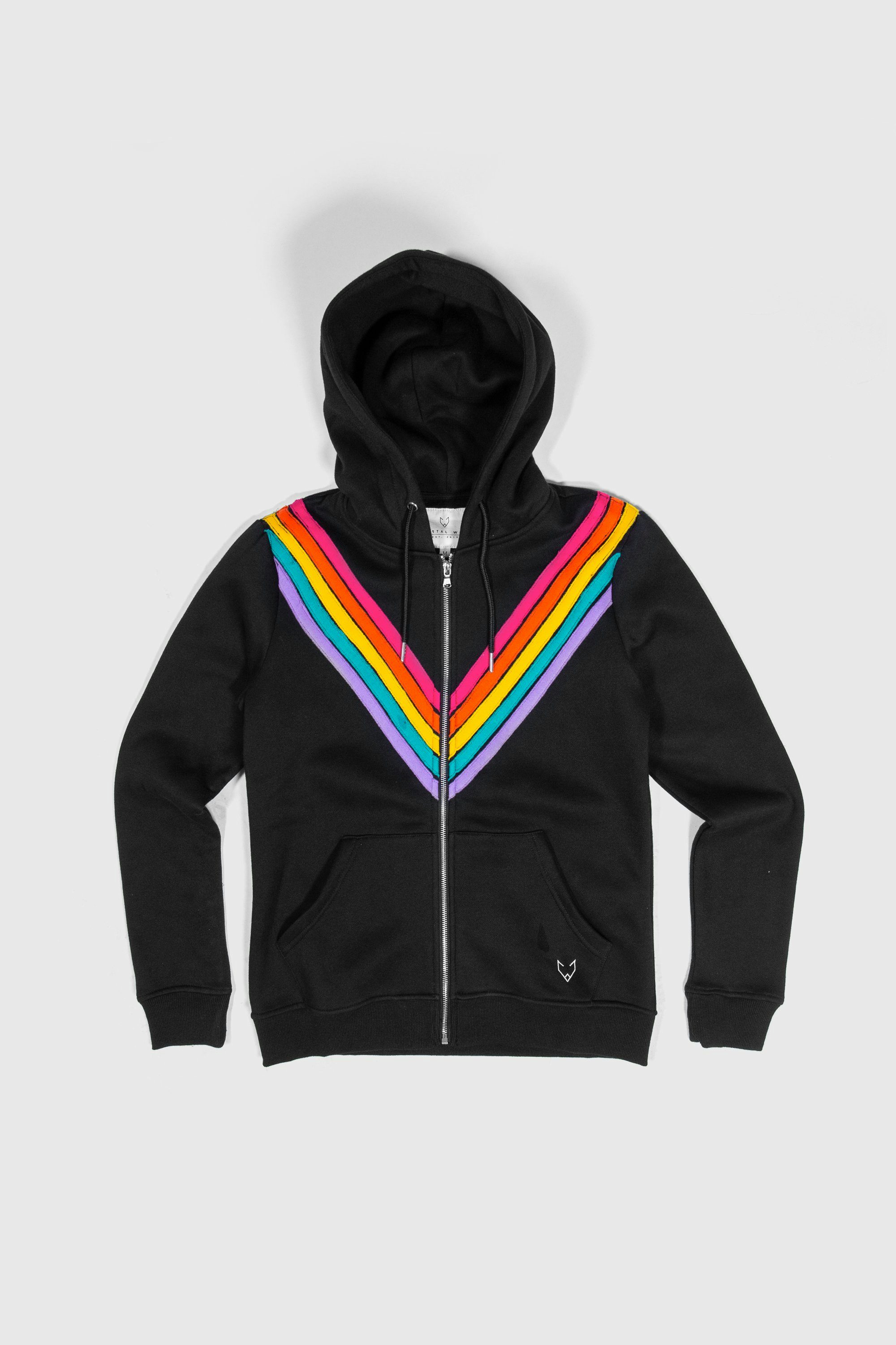 black hoodie with rainbow