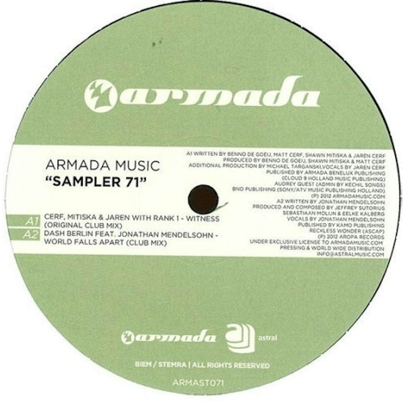 ARMADA MUSIC SAMPLER 71 DASH BERLIN/RANK 1 Vinyl Record - Holland Release