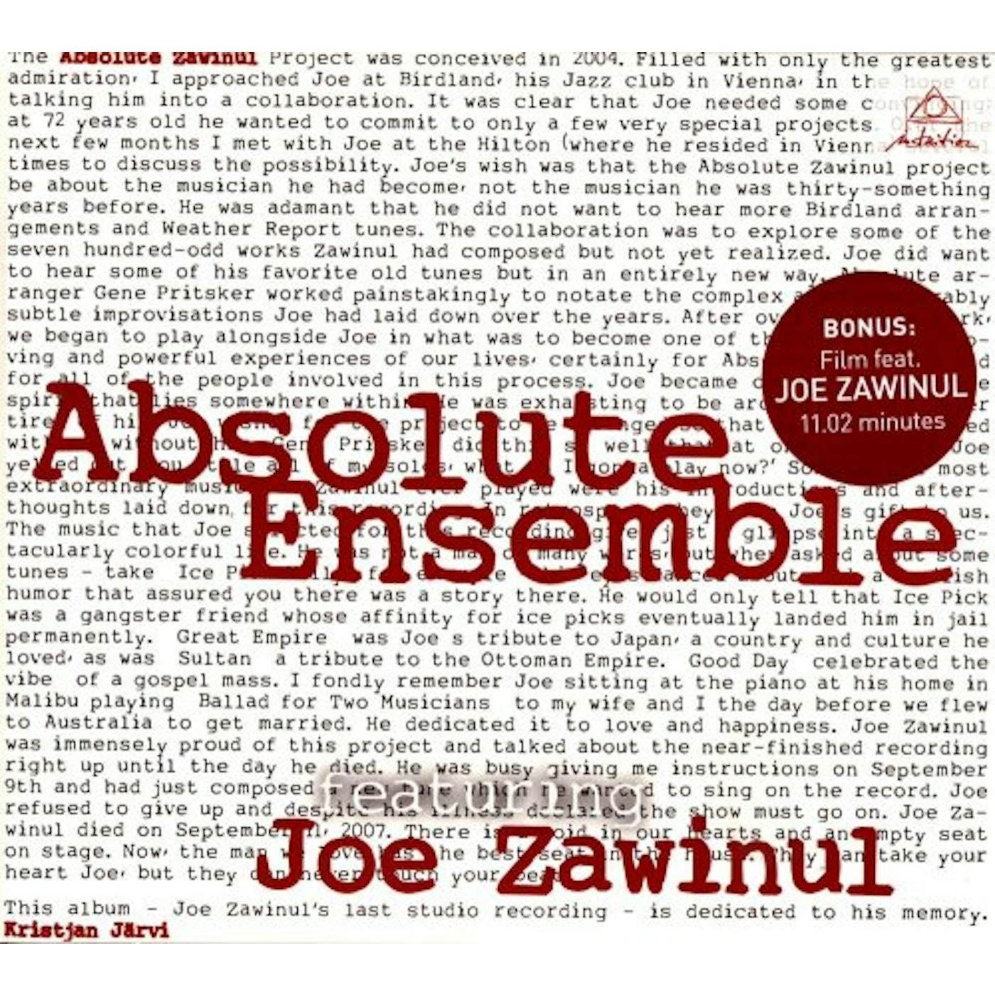 Joe Zawinul ABSOLUTE ENSEMBLE CD - UK Release