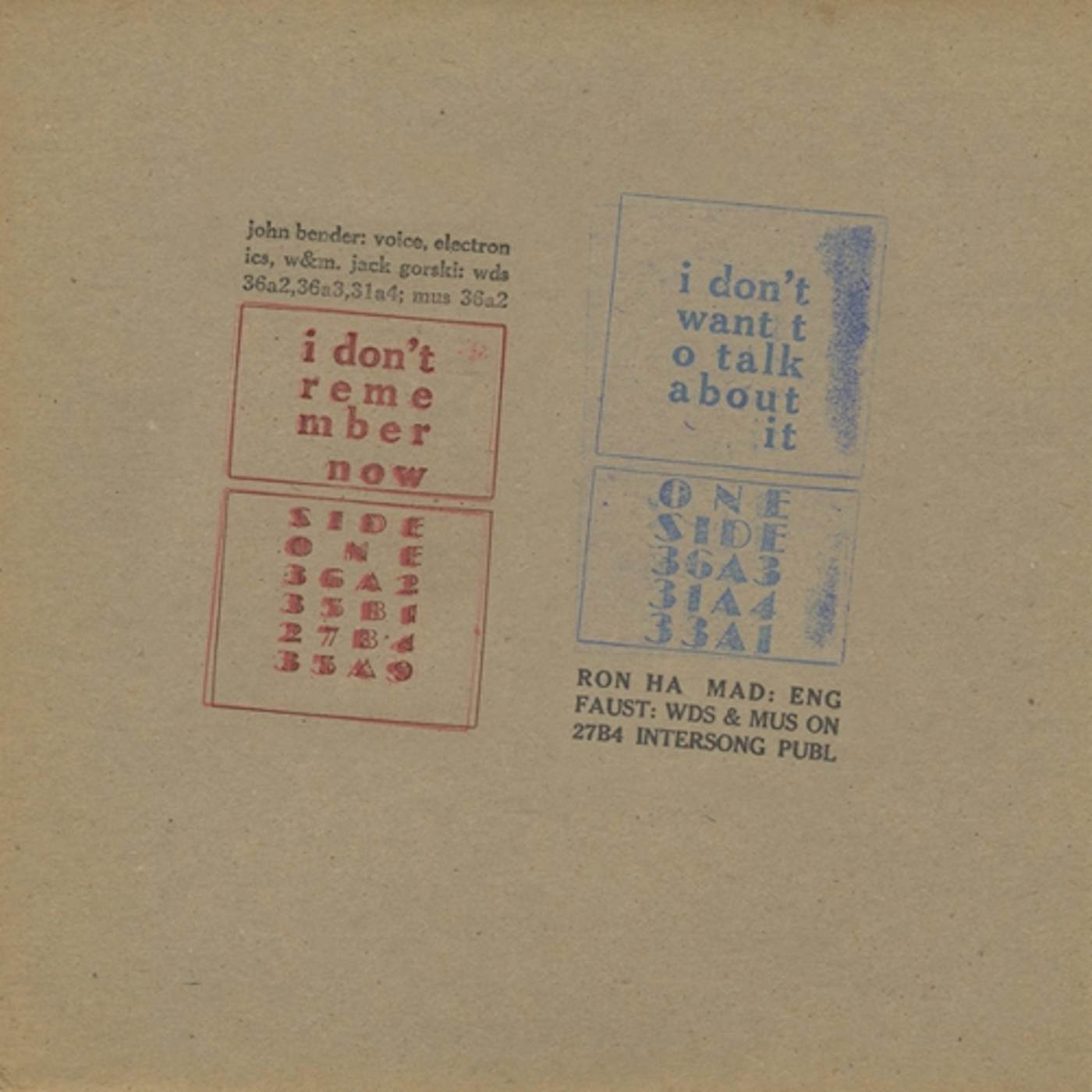 John Bender I DON'T REMEMBER NOW / I DON'T WANT TO TALK ABOUT Vinyl Record