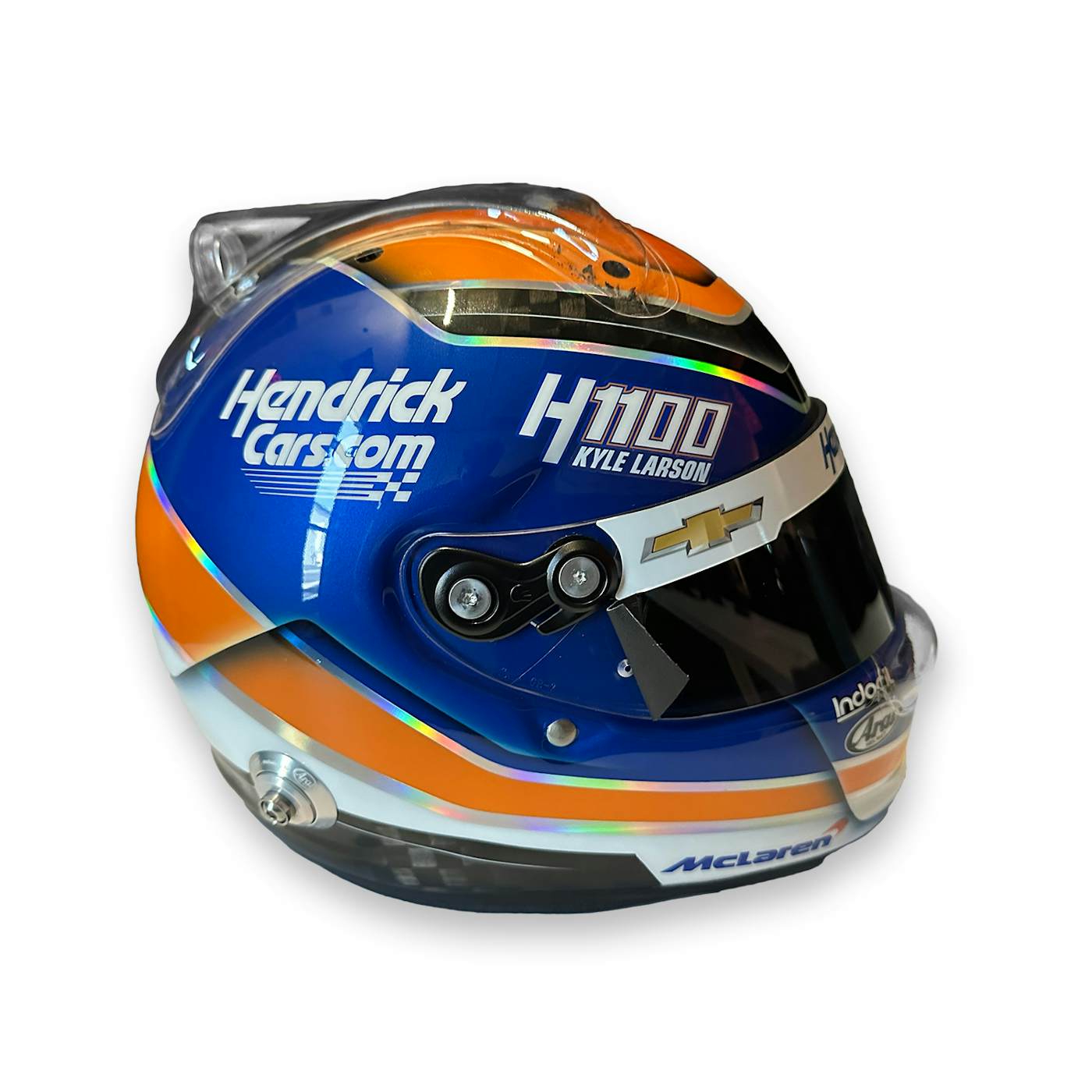 Hendrick Motorsports AUTOGRAPHED 2024 Kyle Larson Arrow McLaren HendrickCars.com H1100 Arai 1/5 Scale Mini Replica Helmet