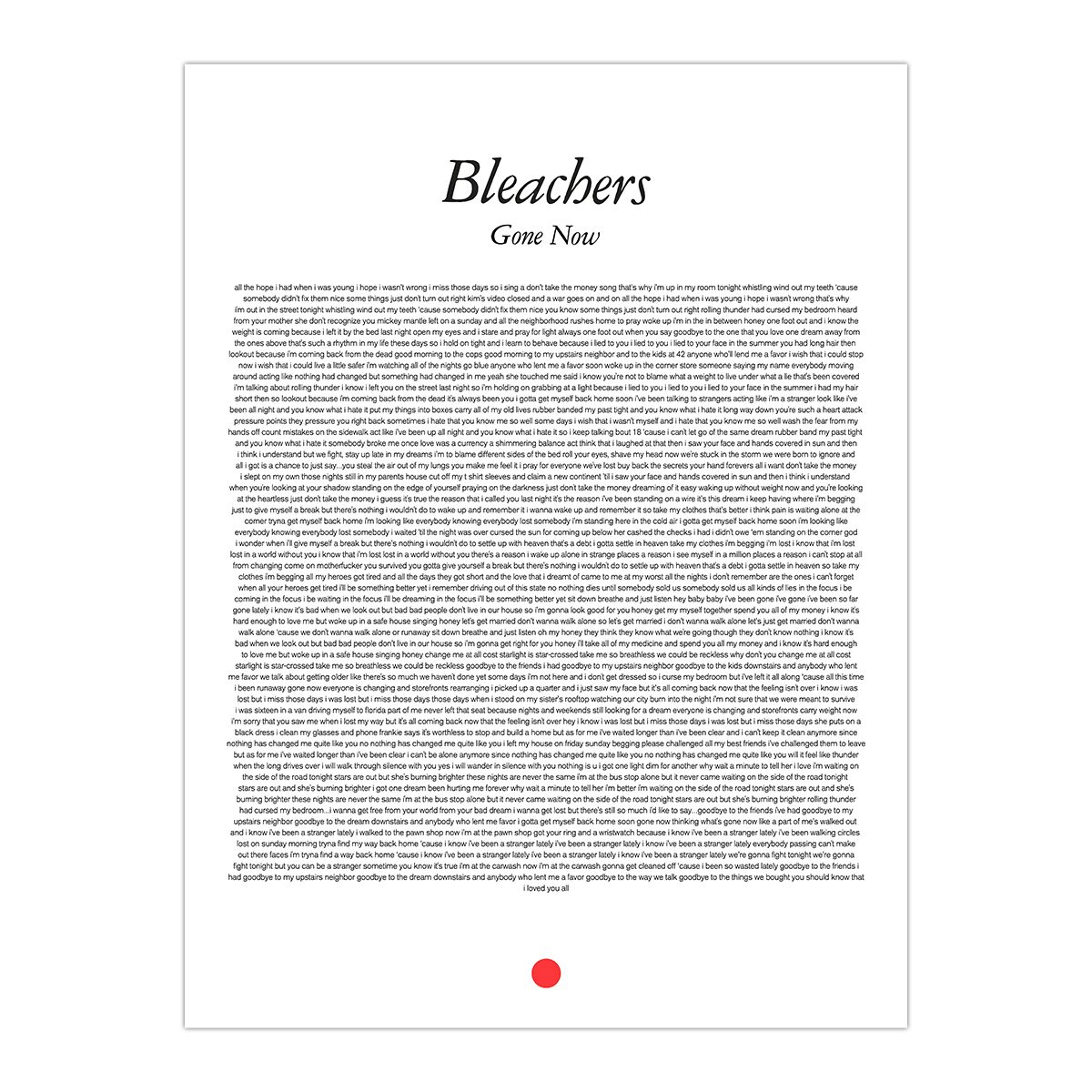 Bleachers GONE NOW FULL ALBUM LYRIC POSTER