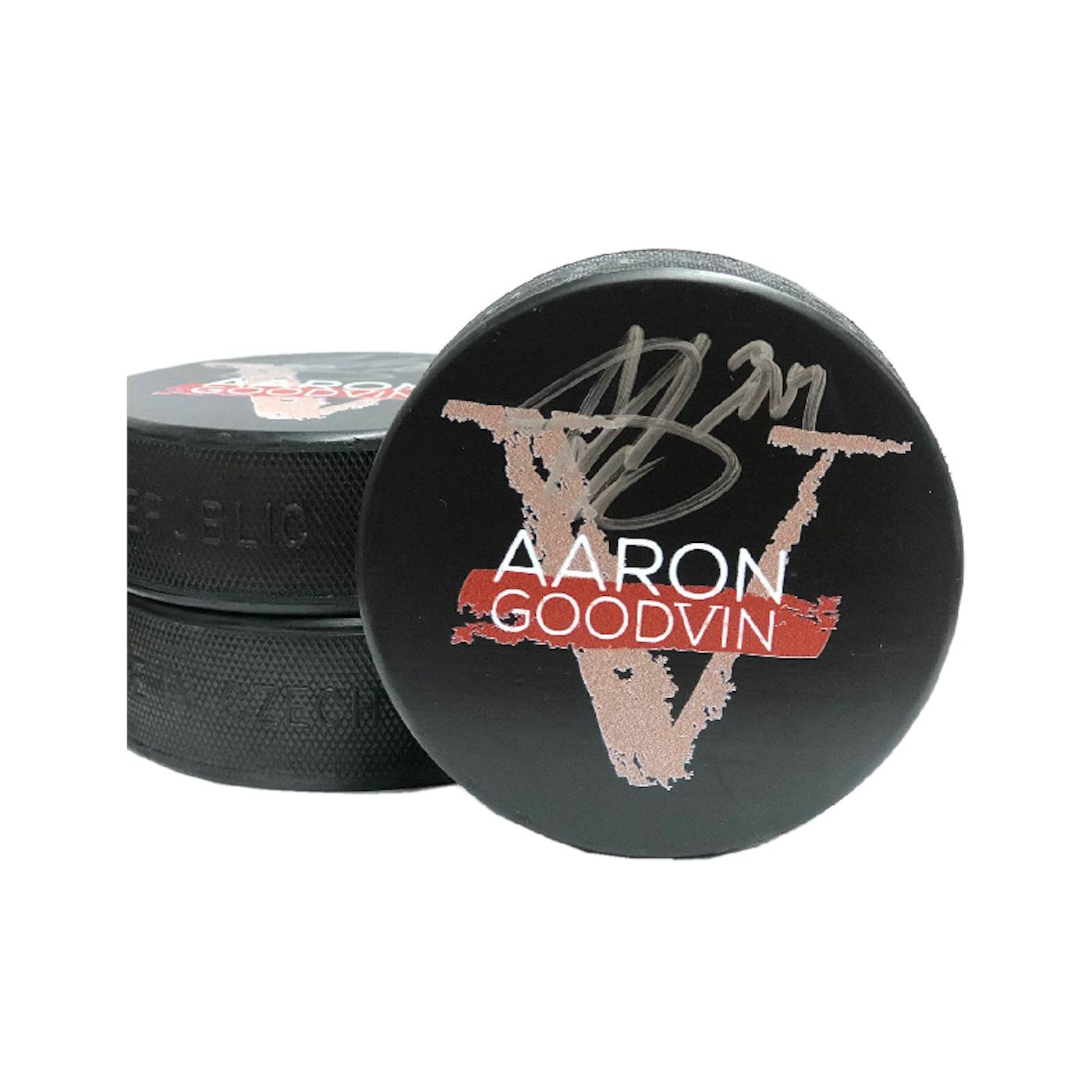 Aaron Goodvin AUTOGRAPHED Hockey Puck- V Album Logo