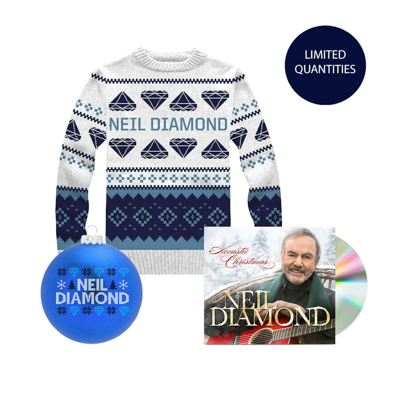 Neil Diamond Acoustic Christmas CD + Holiday Knit Sweater + Holiday Ornament
