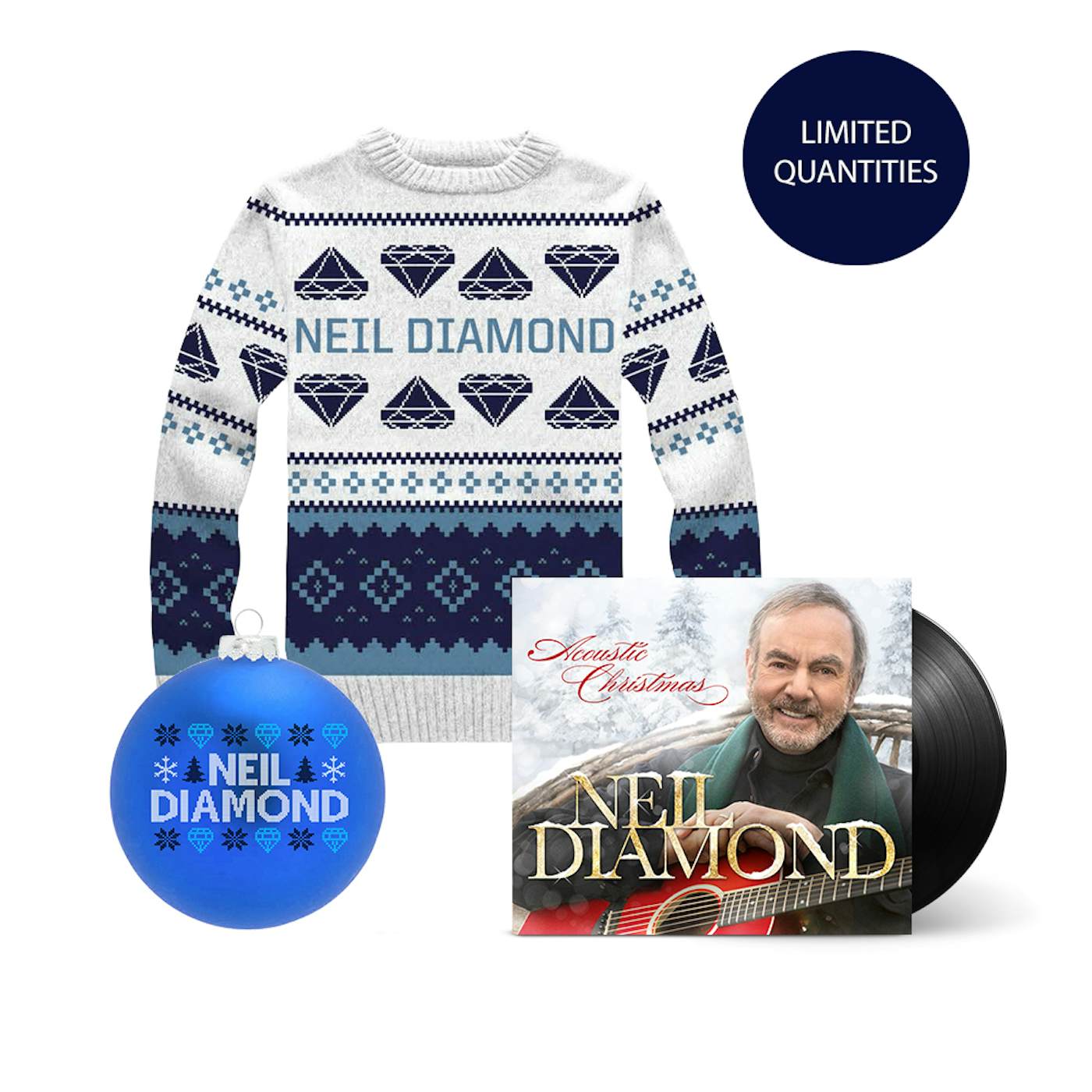 Neil Diamond Acoustic Christmas LP + Holiday Knit Sweater + Holiday Ornament